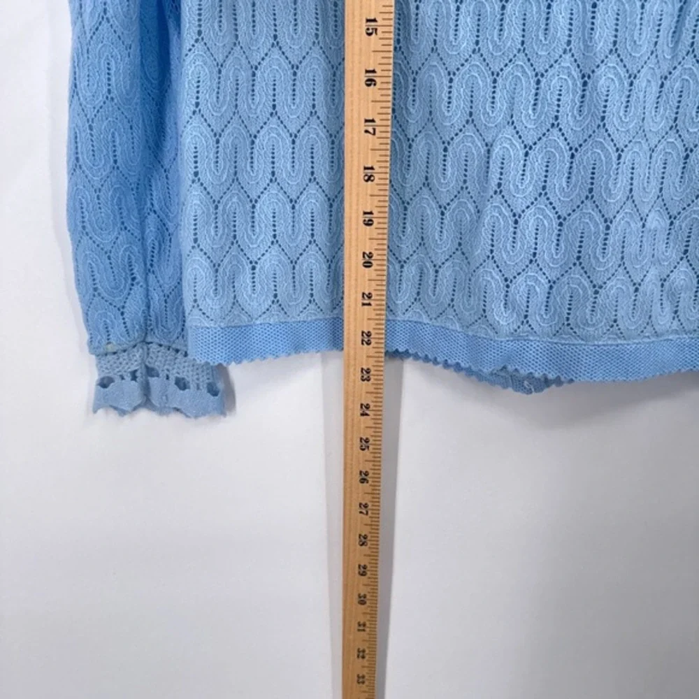 Vintage 70s Blue Open Knit Cardigan Womens M Lace Coquette Pastel Feminine Cute - Picture 7 of 8